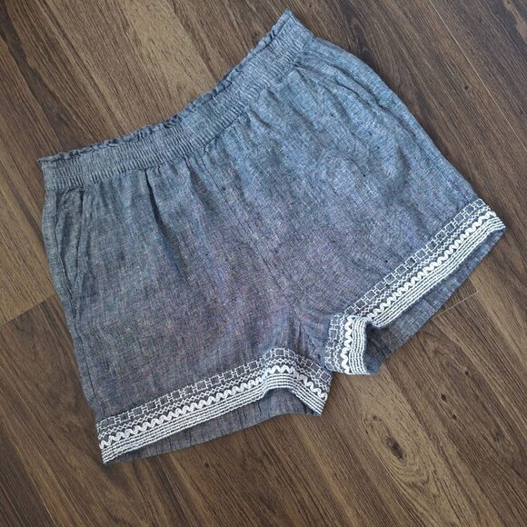💙 Sigrid Olsen Pull On Shorts 100% Linen Size L/XL Embroidered Boho Lounge - Picture 2 of 7